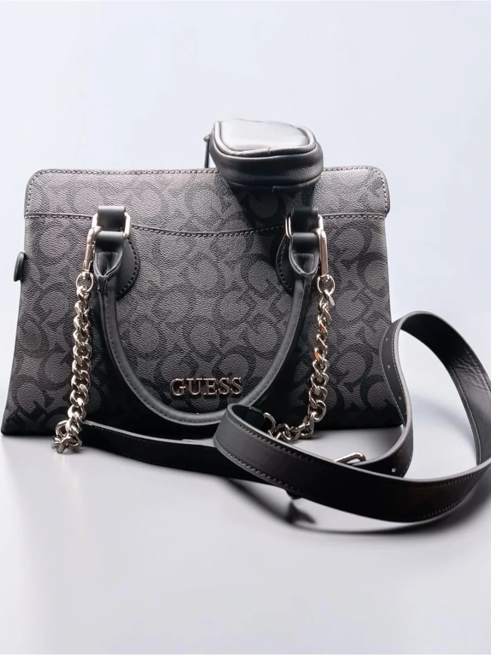 Guess Black Logo-Print Chain-Handle Satchel
